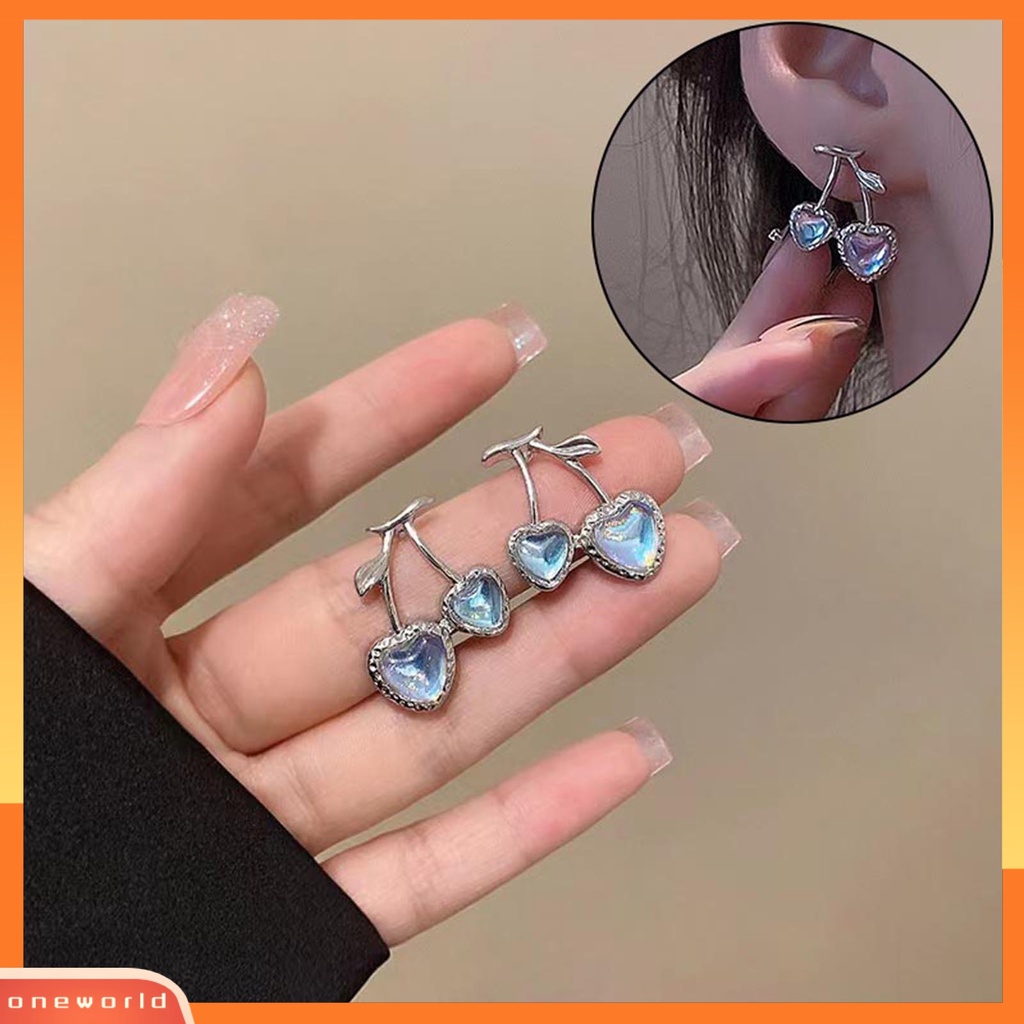 [ONE] Lucu Manis Cherry Stud Earrings Shiny Light Blue Berlian Imitasi Earrings Pesta Perjamuan Wanita Fashion Perhiasan Hadiah