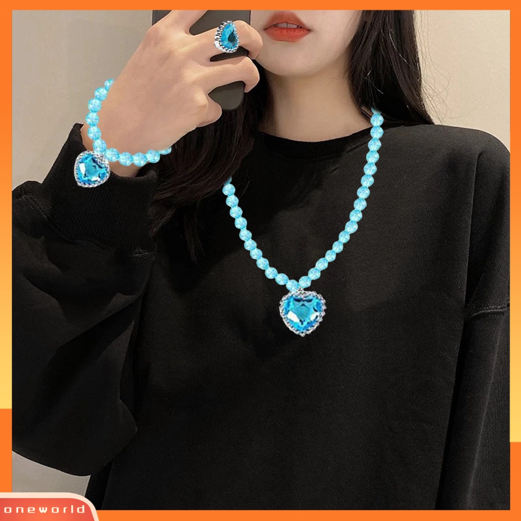 [ONE] 1set Gadis Kalung Mainan Manik-Manik Berwarna Elegan Pretend Play Berlian Imitasi Cinta Hati Gelang Anting Cincin Kit Putri Perhiasan