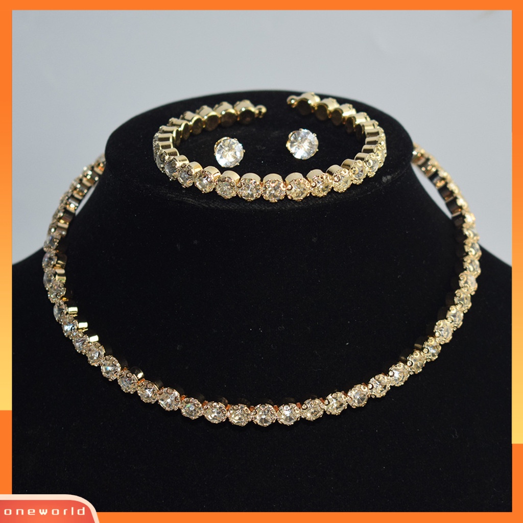 [ONE] 4pcs/set Perhiasan Jas Eye-catching Electroplating High Gloss Mewah Pengerjaan Indah Dekorasi Perempuan Berlian Imitasi Bersinar Anting Gelang Kalung Set Aksesori