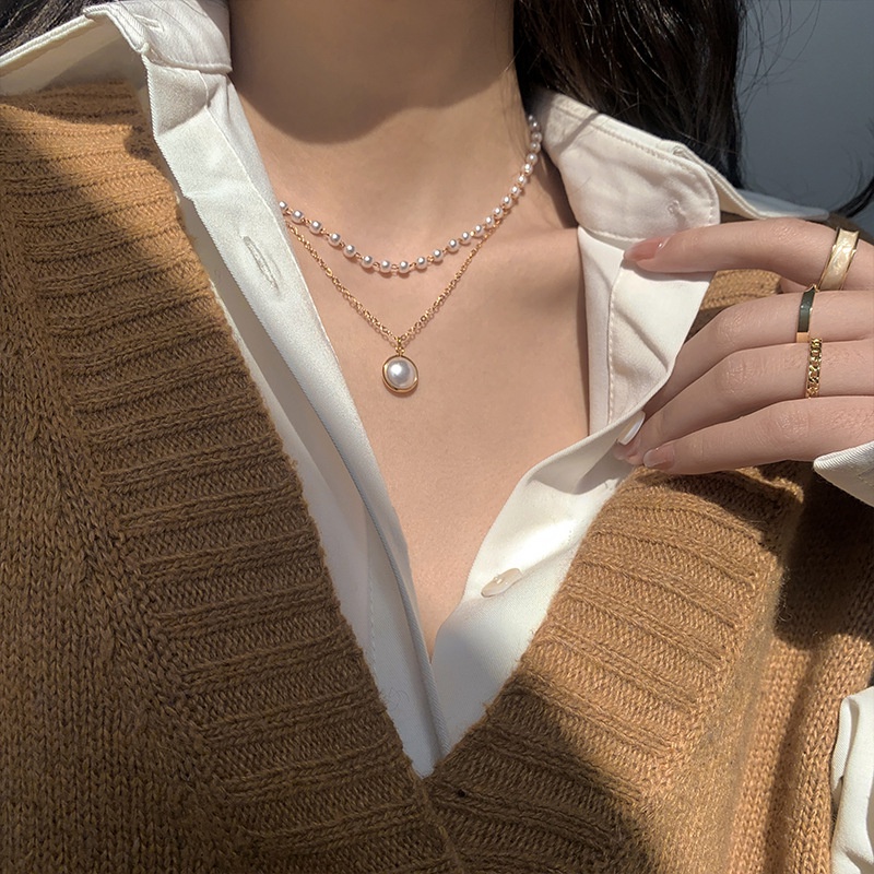 Influencer ns Double Layer Pearl Necklace Female Gaya Baru Cahaya Mewah Niche Sederhana Hip Hop Klavikula Rantai Kalung