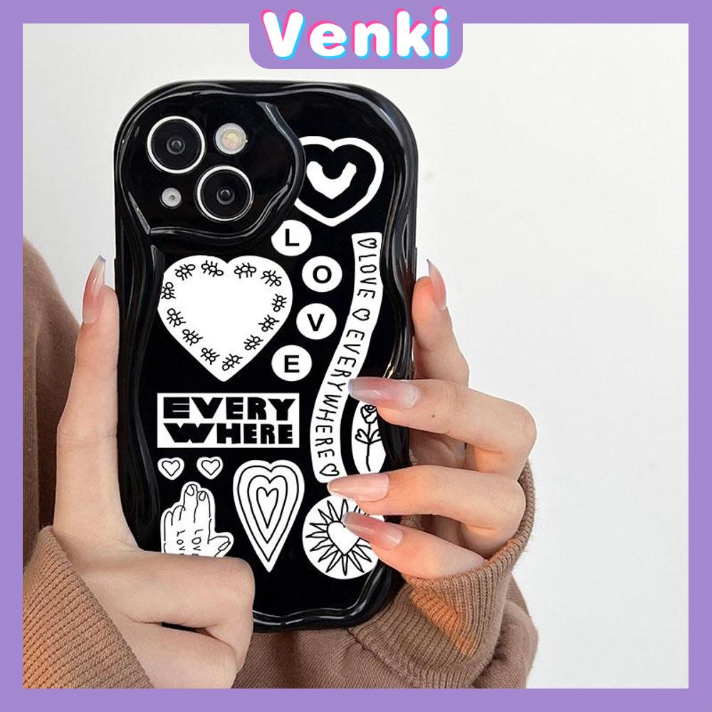 VENKI - Untuk iPhone 11 Case Curved Edge Wave Case Glossy Black TPU Airbag Shockproof Camera Case Surat Cinta Lucu Kompatibel dengan iPhone 14 13 Pro max 12 Pro Max xr xs 7Plus 8Plus