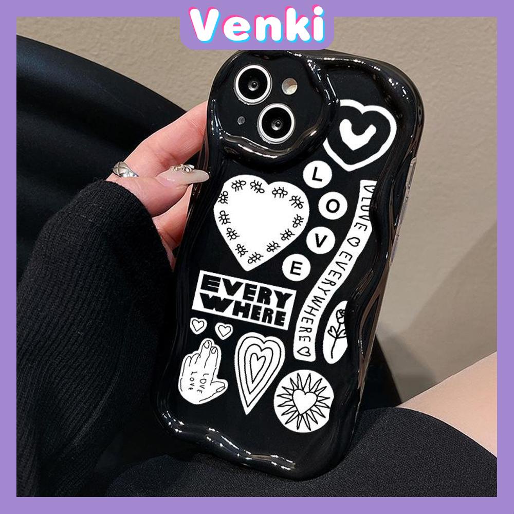 VENKI - Untuk iPhone 11 Case Curved Edge Wave Case Glossy Black TPU Airbag Shockproof Camera Case Surat Cinta Lucu Kompatibel dengan iPhone 14 13 Pro max 12 Pro Max xr xs 7Plus 8Plus