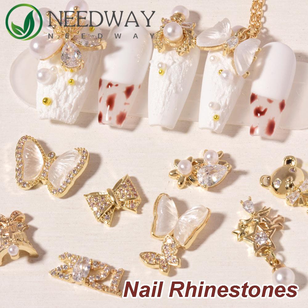 Needway   Kuku Seni Dekorasi Pesona DIY Beruang Liontin Tahun Baru Berlian Shiny Pearl Bow Nail Chains Jewelry