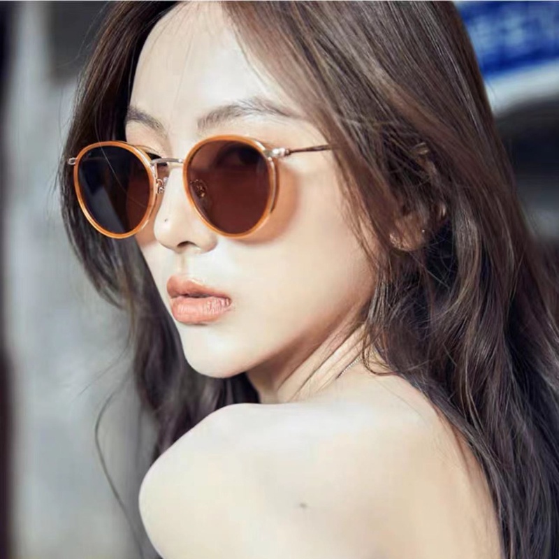 (YUZHU) Vintage Bingkai Bulat INS Gaya Kacamata Hitam Korea Fashion Bingkai Logam Kerai Sunglasses Untuk Wanita