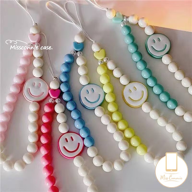 Macaron Permen Warna Rantai Telepon Universal Kreatif Mutiara Smiley Lucu Rantai Telepon Tali Strap Kpop Aksesoris Beragam Rantai Manik-Manik Gelang Gantungan Kunci Dekorasi Lanyard