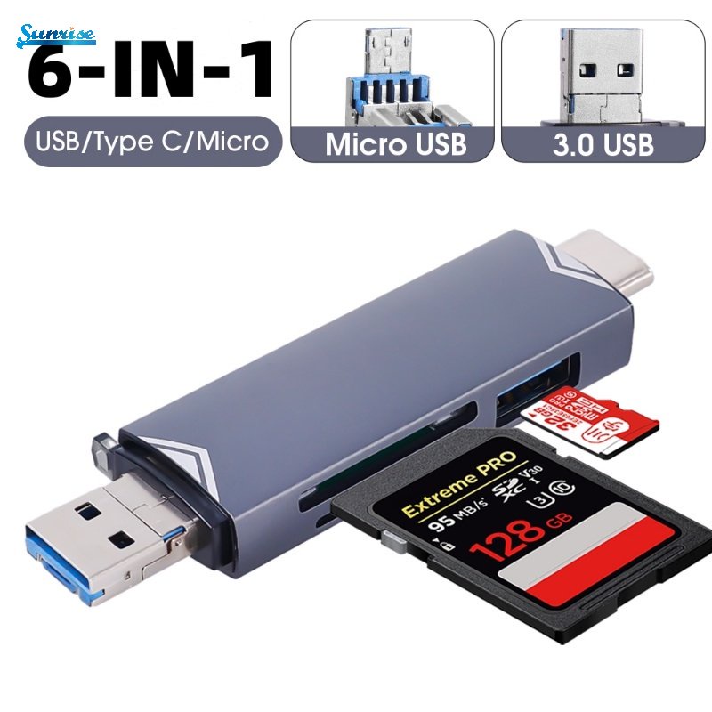 6in1 Upgrade Tipe C Ke USB Micro OTG Transmisi Kecepatan Tinggi Adapter Kartu TF Praktis SD Card USB 3.0 Flash Drive Memori Pintar Type C Card Reader