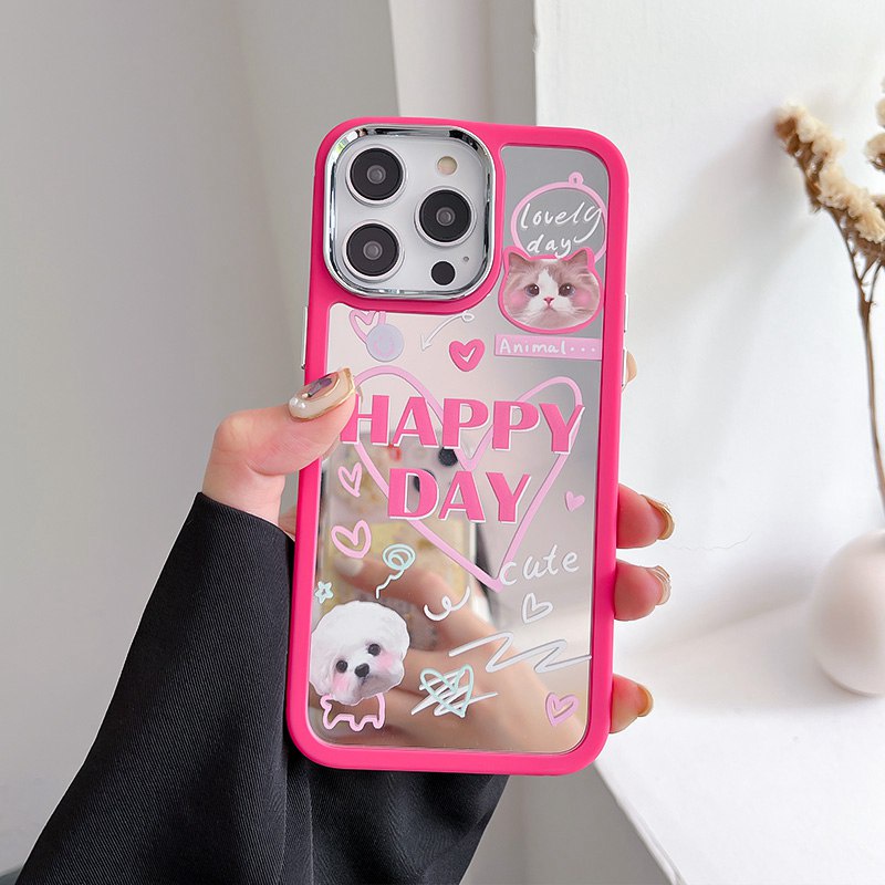 IPHONE Semua Baru Cermin Jadi Lucu Merah Muda Hewan Peliharaan Kucing Anjing Silikon Soft Case Iphone11 12 13 14 Pro Max Fashion Wanita Hadiah Kamera Dilapisi Gadis Merah Telepon Kasus Happy Day