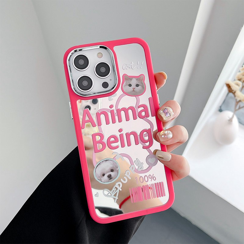 IPHONE Semua Baru Cermin Make up Sangat Lucu Pink Anjing Kucing Peliharaan Silikon Soft Case Iphone11 12 13 14 Pro Max Hadiah Fashion Wanita Kamera Elektroplated Merah Muda Merah Gadis Telepon Kasus Hewan Being