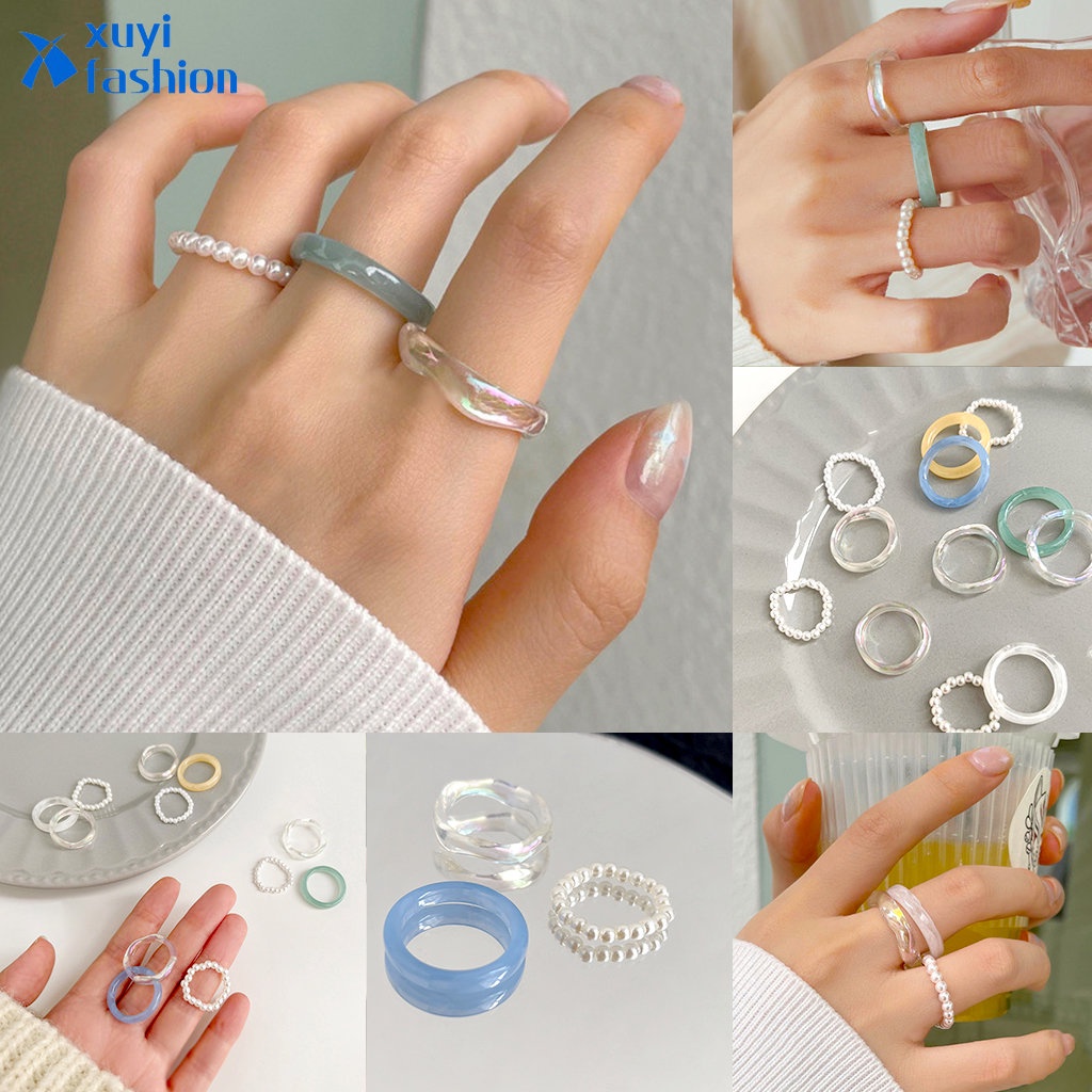 Korea 3pcs /set Cincin Mutiara Manik Manik Putih Resin Rings Untuk Wanita Aksesoris Perhiasan Elegan