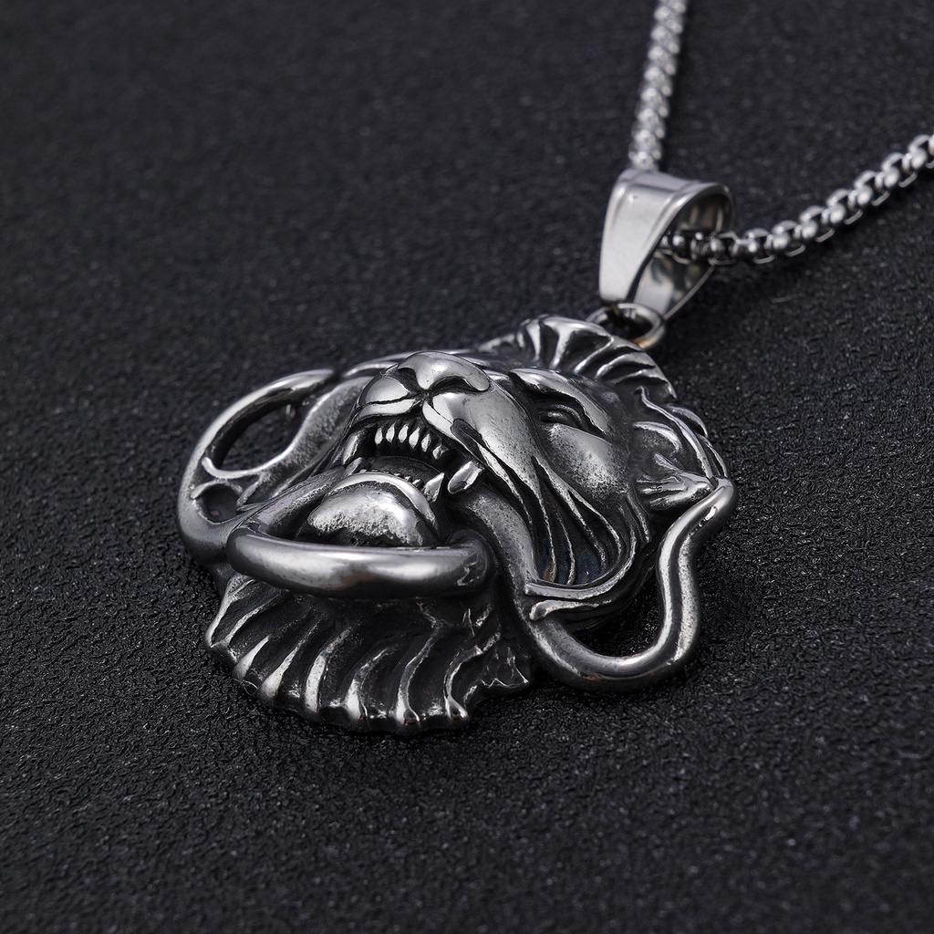 [X C Kalung] Baru Silvery Disc Besar Kepala Singa Liontin Punk Hip Hop Stainless Steel Kalung Hadiah Pesta Ulang Tahun Untuk Pria Dan Wanita