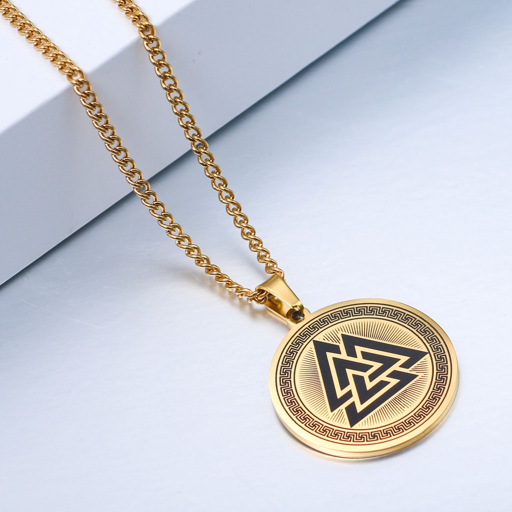 [X C Kalung] Emas &amp; Perak Baru Hip-hop Punk Retro Odin Valknut Segitiga Simbol Liontin Kalung Anti Karat Untuk Pria Dan Wanita Hadiah Liburan Perhiasan