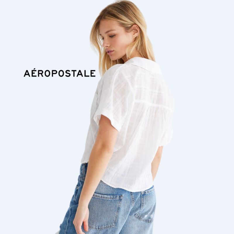 AEROPOSTALE Kemeja Pendek Crop Top Putih Aero Katun Wanita ORIGINAL