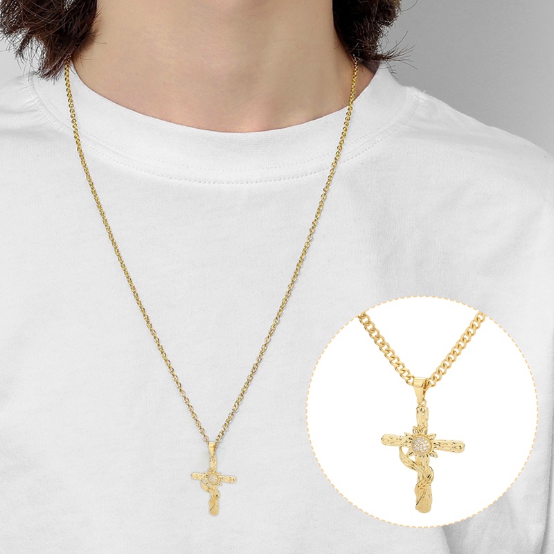 Kalung Salib Yesus Religi Stainless Steel Untuk Wanita Pria Bunga Matahari Warna Emas Liontin Salib Dengan Rantai Kalung Perhiasan Hadiah