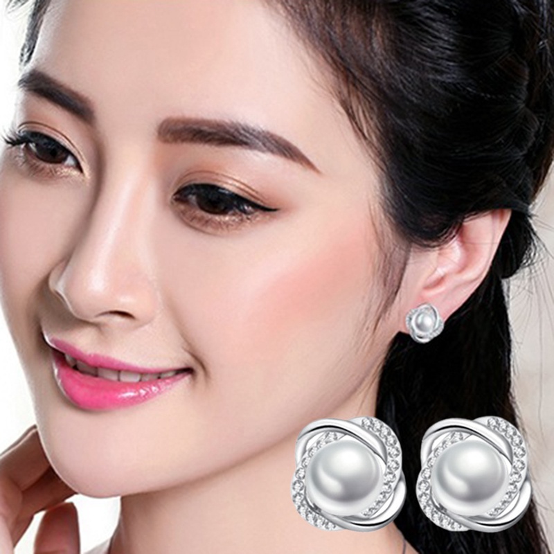 Anting Mutiara Kristal Zirkon Untuk Wanita Baru Kedatangan Fashion Mewah Berputar Warna Perak Earrings Jewelry