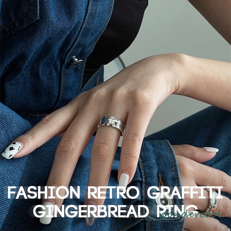 Grafiti Perak Gingerbread Man Cincin Terbuka Adjustable Ring Retro Korea Vintage Gaya Untuk Pria Dan Wanita-Won