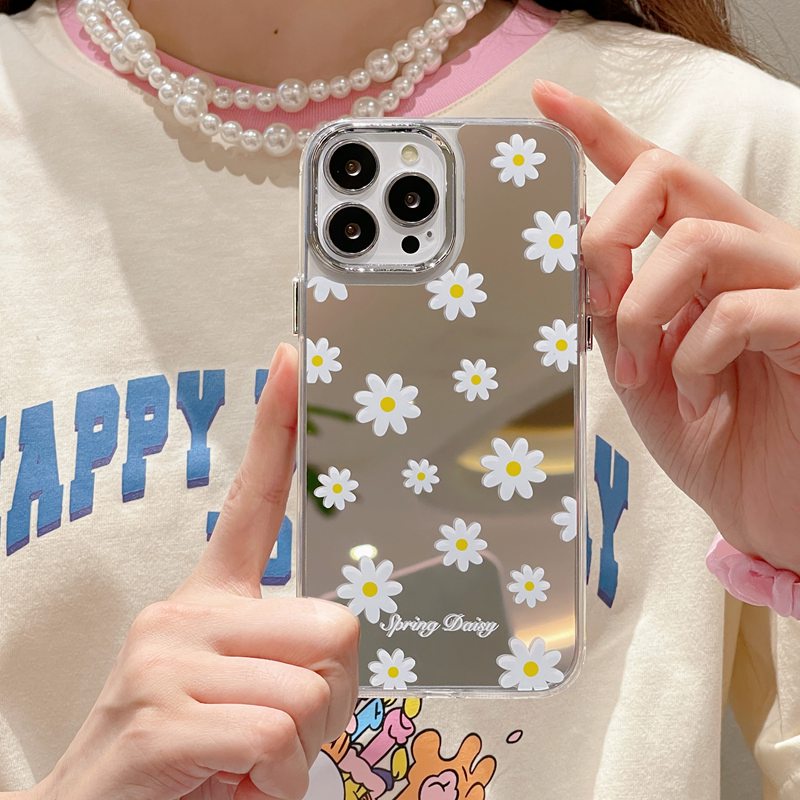 Fashion Silver Little Daisy Pink Flowers Mirror Soft TPU Case iP iPhone 11 12 13 14 Pro Max New Woman Girl FTD Casing Apple