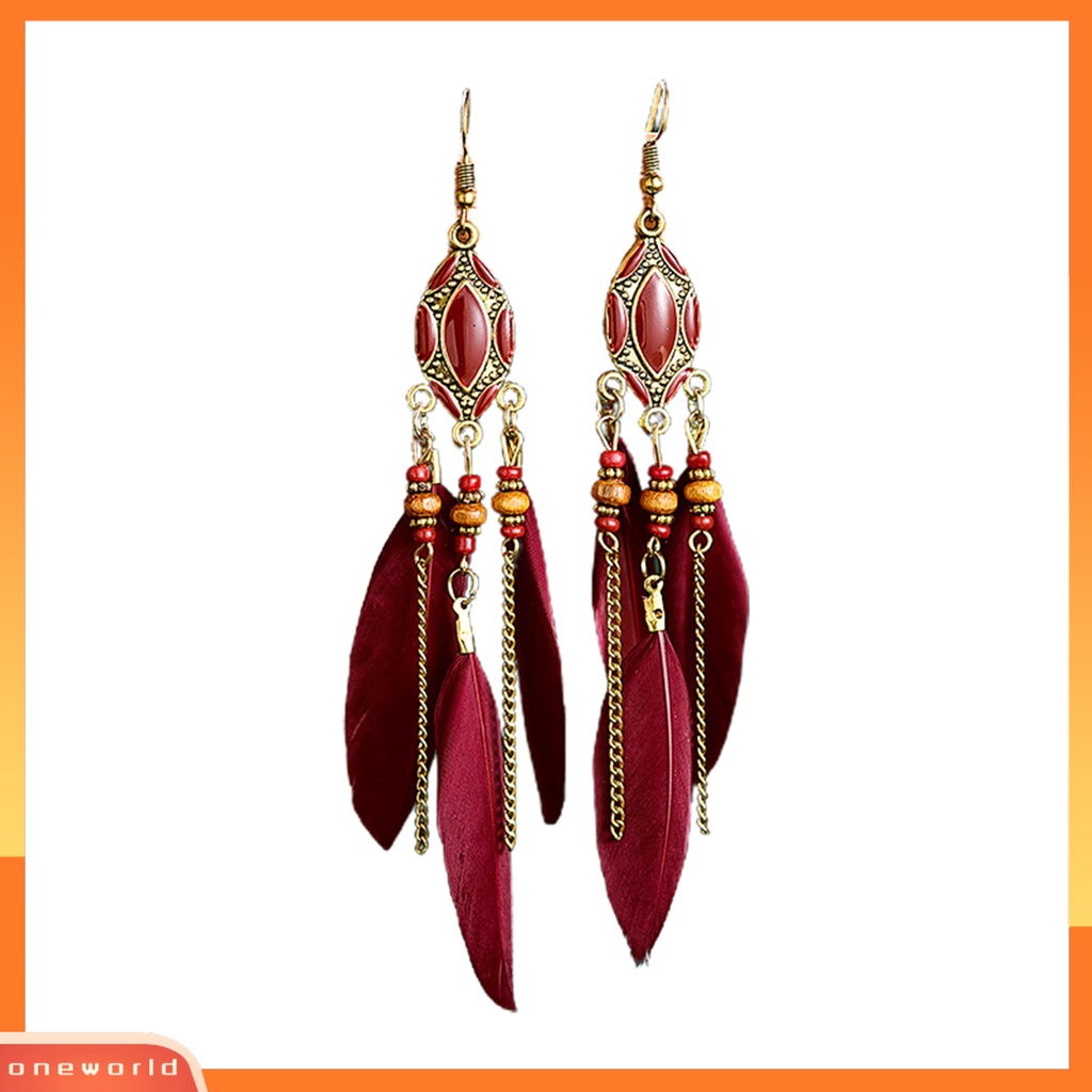 [WOD] 1pasang Anting Drop Beads Feather Jewelry Anting Kait Panjang Multiwarna Untuk Pesta