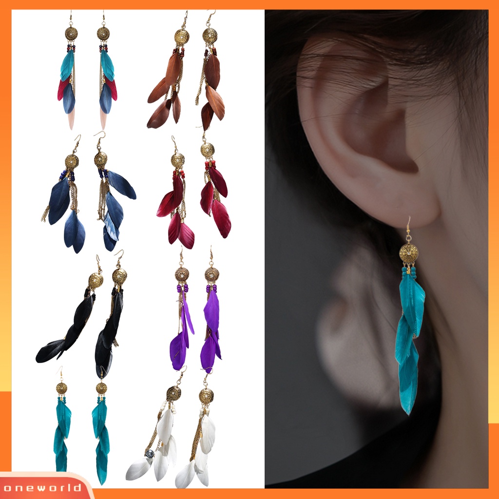 [WOD] 1pasang Anting Menjuntai Bohemian Etnik Vintage Electroplating All-match Dekorasi Hadiah Wanita Panjang Bulu Rantai Rumbai Drop Earrings Perhiasan Untuk Pakaian Sehari-Hari