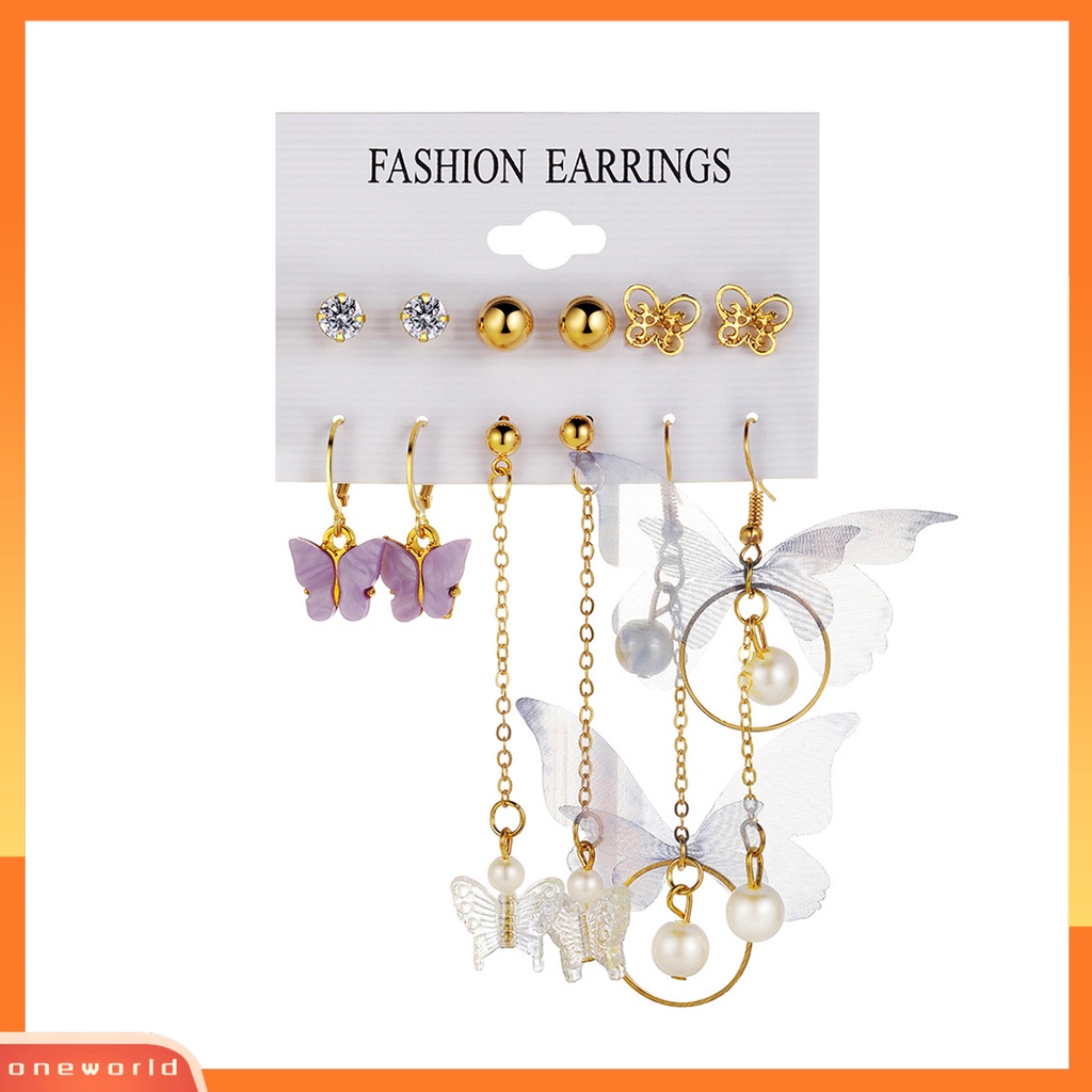 [WOD] 6pasang Anting Menjuntai Rumbai Panjang Berlian Imitasi Mengkilap Asimetris Kilau Terang Semua Pertandingan Dekorasi Hadiah Wanita Kupu-Kupu Mutiara Imitasi Pendant Earrings Ear Studs Untuk Perjamuan