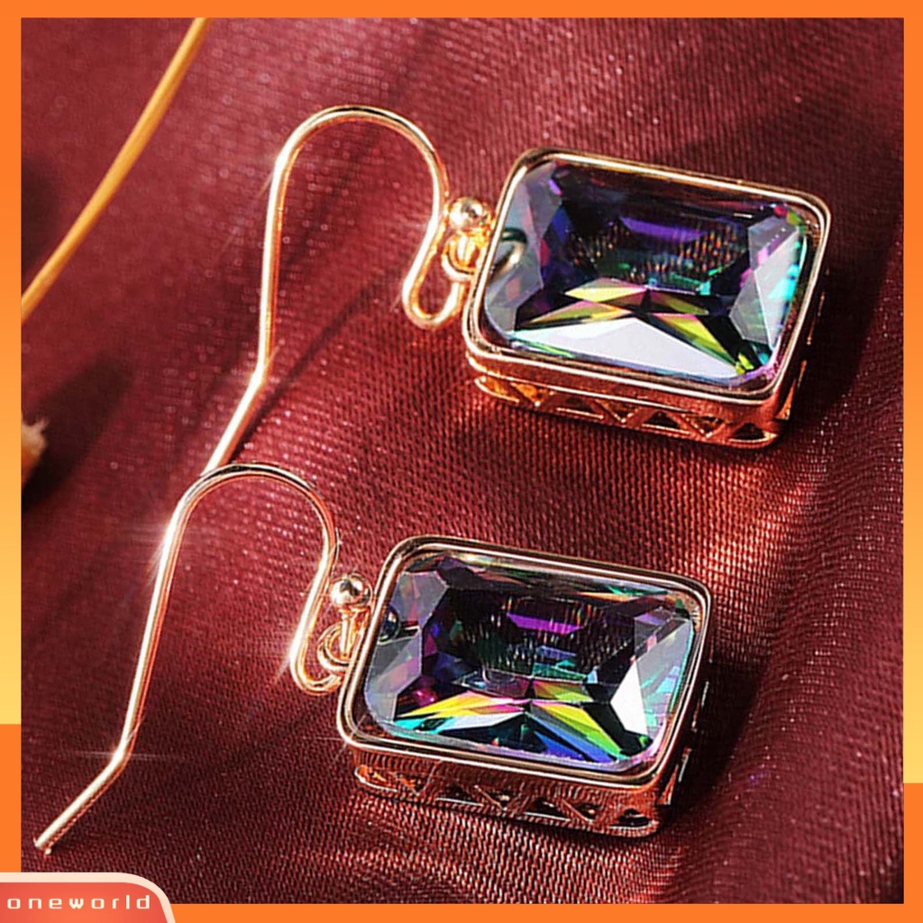 [WOD] 1pasang Shiny Luxury Drop Earrings Copper Multicolor Cubic Zirconia Anting Kait Perhiasan Pesta