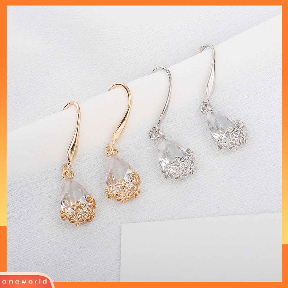 [WOD] Vintage Lady Metal Floral Water Drop Cubic Zirconia Hias Kait Anting Perhiasan