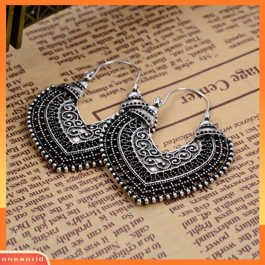 [WOD] Pesta Vintage Wanita Ukiran Berongga Jantung Liontin Pernyataan Leverback Earrings