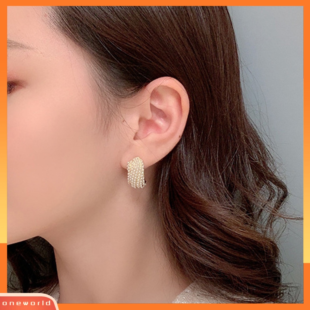 [WOD] 1pasang Wanita All-match Anting Stud Telinga Mutiara Imitasi Berbentuk C Perhiasan Fashion Untuk Outdoor