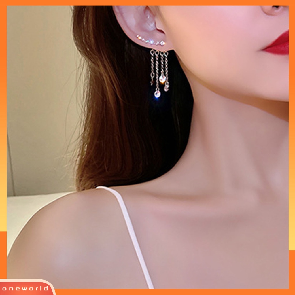 [WOD] 1pasang Wanita Drop Earrings Colorfast High-end Berlian Imitasi Mengkilap Rumbai Anting Gantung Perhiasan Perempuan