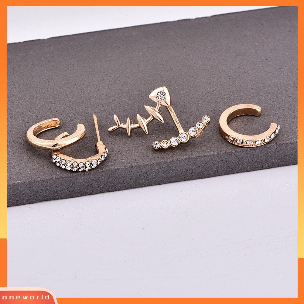 [WOD] 4 Pcs Wanita Fashion Tulang Ikan Telinga Jaket Hoop Stud Anting Set Perhiasan Hadiah Pesta