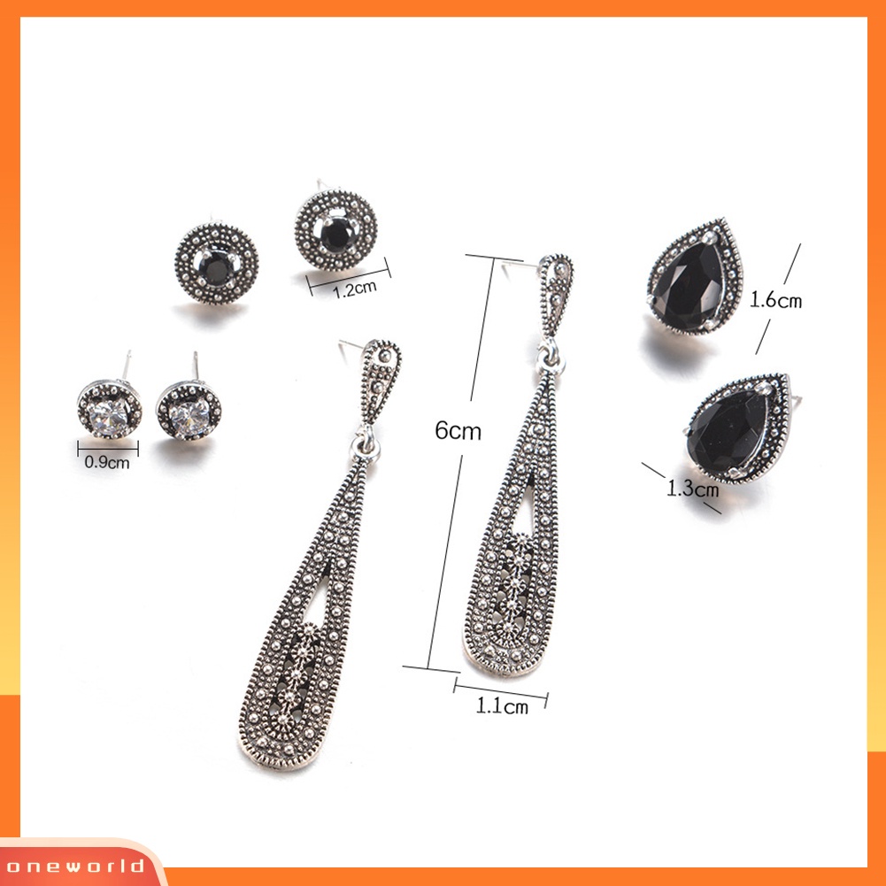 [WOD] 4pasang Antik Teardrop Bulat Berlian Imitasi Ukir Menjuntai Stud Earrings Perhiasan Hadiah