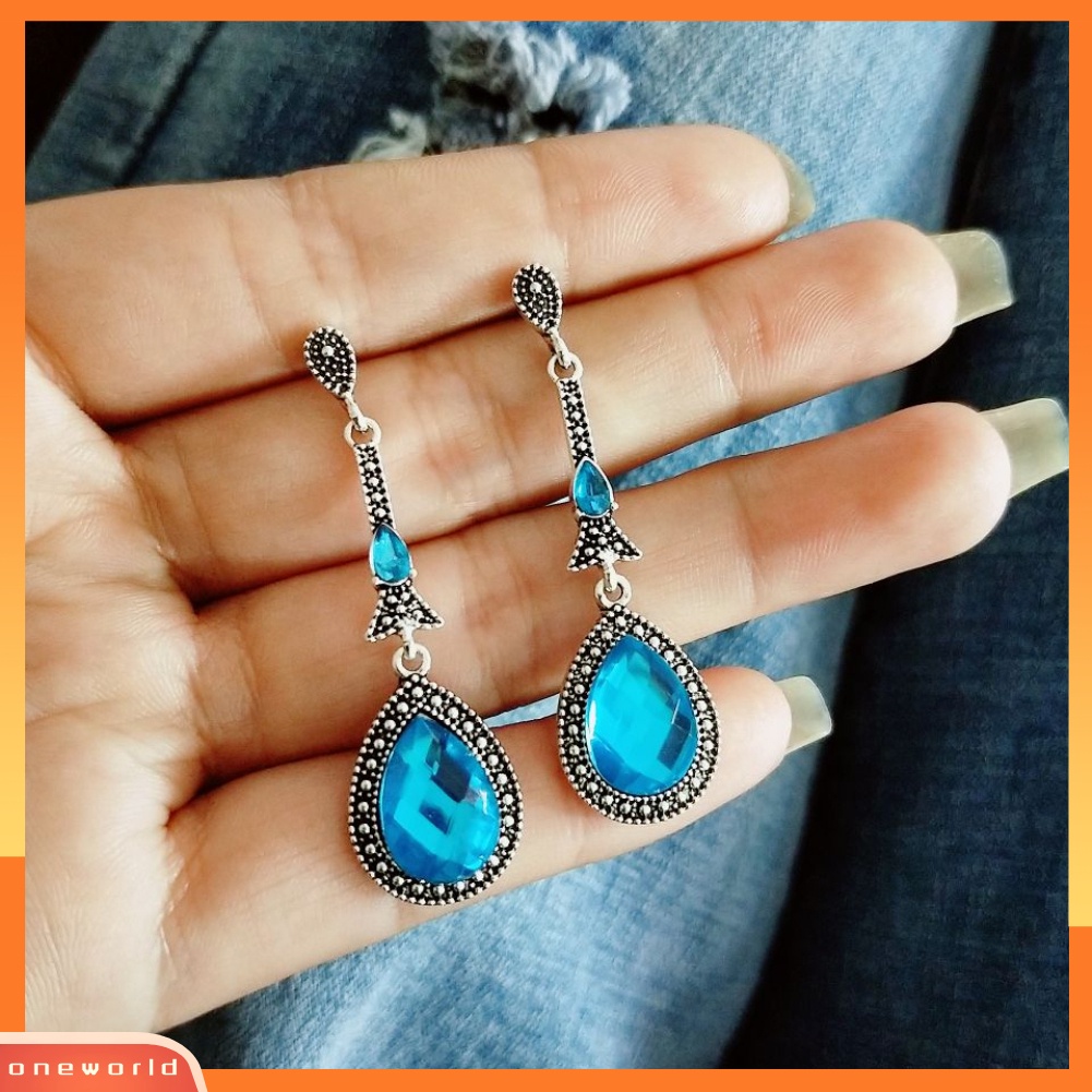 [WOD] Vintage Wanita Berlian Imitasi Bertatahkan Panjang Menjuntai Anting Tetesan Air Eardrops Perhiasan