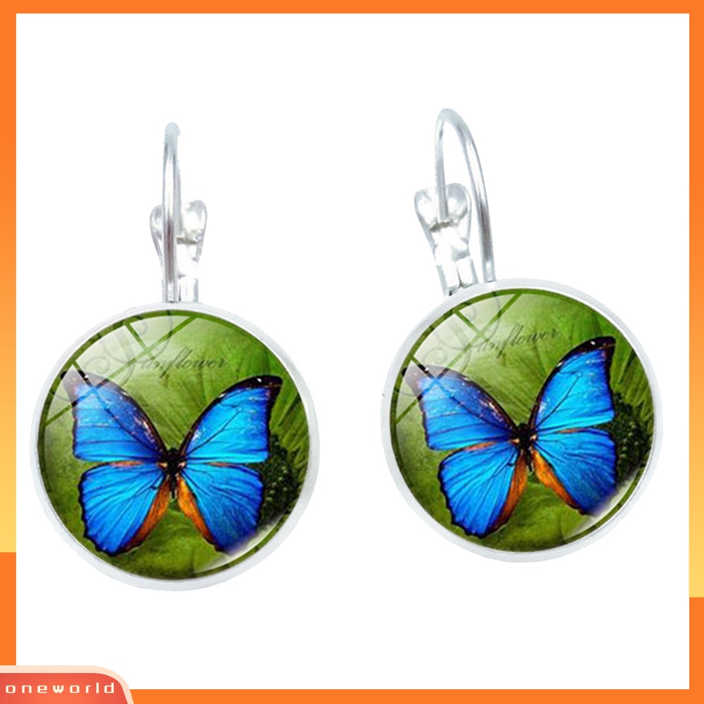 [WOD] Kaca Bulat Antik Cabochon Kupu-Kupu Leverback Anting Wanita Perhiasan Hadiah