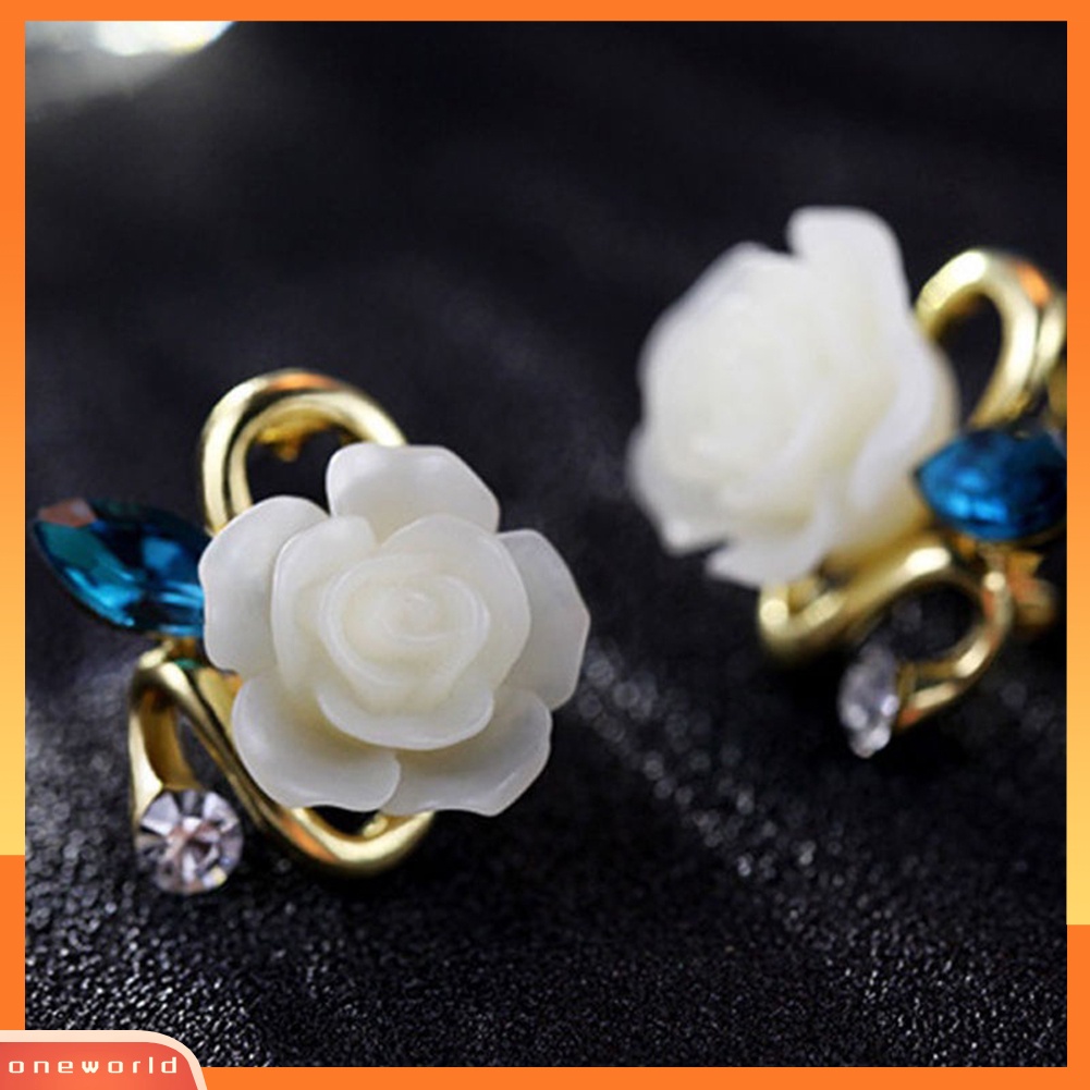 [WOD] 1pasang Elegan Retro Wanita Berlian Imitasi Mawar Bunga Flower Ear Stud Earrings