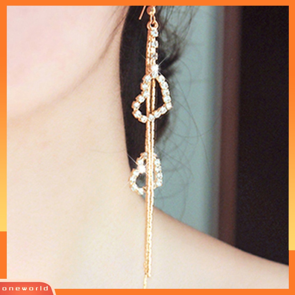 [WOD] Lady Berlian Imitasi Cinta Ganda Hati Drop Panjang Jumbai Rantai Menjuntai Linear Earrings