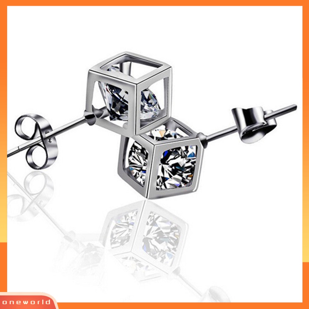 [WOD] Pengantin Perak Disepuh Persegi Magic Cube CZ Stud Anting Wanita Perhiasan Pesona Hadiah