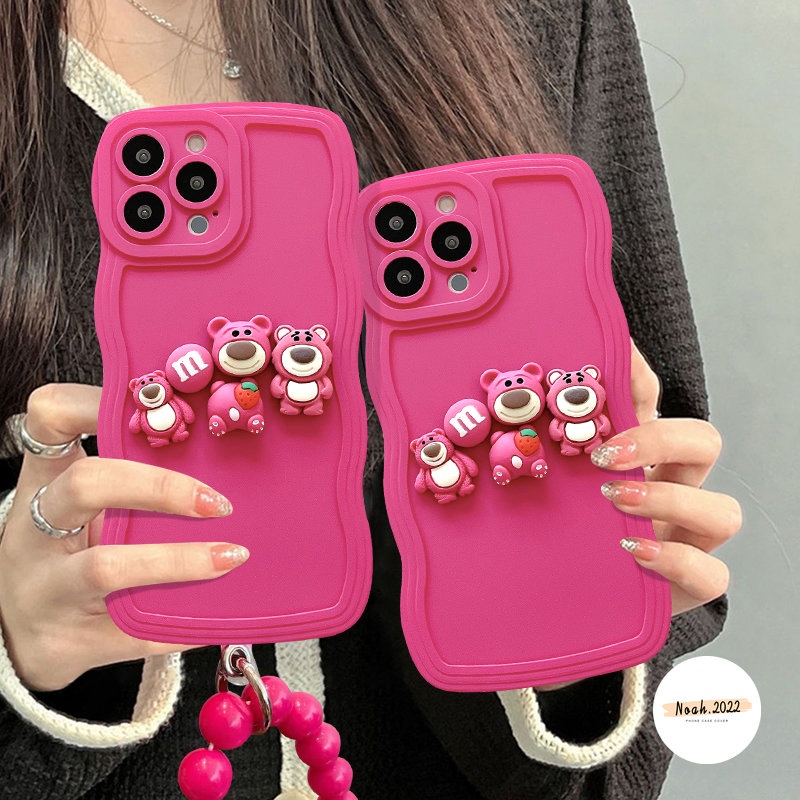 Case Untuk Redmi 12C A1 A2 10C 10 9 9A 9T 9C A1 10A A1+A2+ Note 10s 9 11 10 8 9s 11s 10Pro Max Mi 11T Pro POCO M3 X3 NFC 3D Strawberry Bear Manyo Wavy Edge Case Dengan Gelang Manik