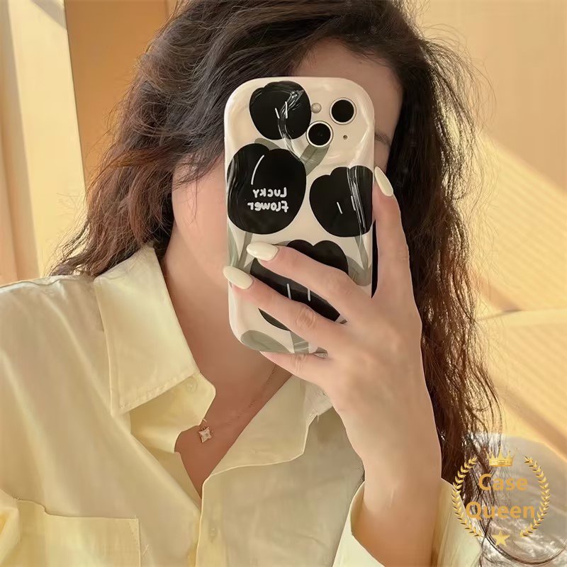 3d Wavy Curved Edge Fresh Flower Black Art Flower Case Untuk Samsung A14 A12 A13 A04s A52 A32 A24 A52s A50 M12 A30s Retro Bunga Tulip Label Bunga Oil Paintin Bunga Mawar Cover