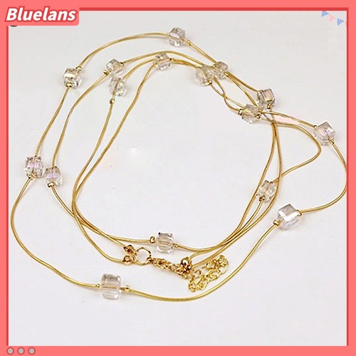[BLS] Wanita Square Rhinestones Beads 2lapisan Golden Alloy Rantai Panjang Sweater Kalung