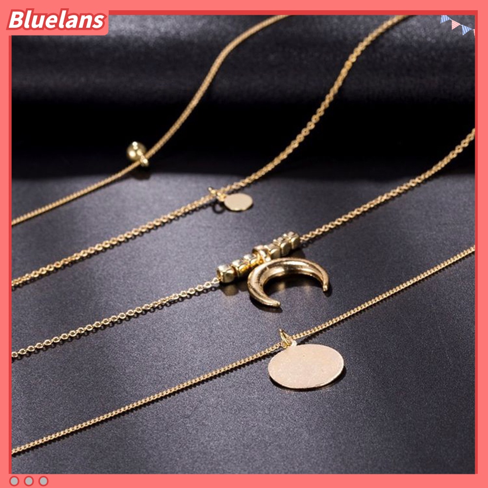 [BLS] Wanita Retro Alloy 4lapis Manik-Manik Bulan Liontin Bulat Pesona Rantai Kalung Choker