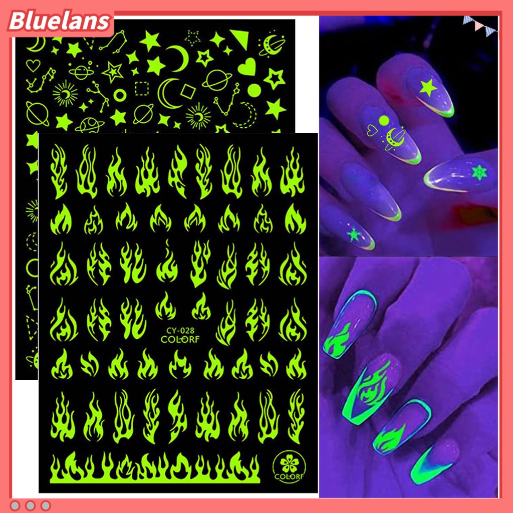 [BLM] 1lembar Indah Kuku Stiker Kertas Lengket Tinggi 3D Luminous Glow Manicure Decal Untuk Rumah