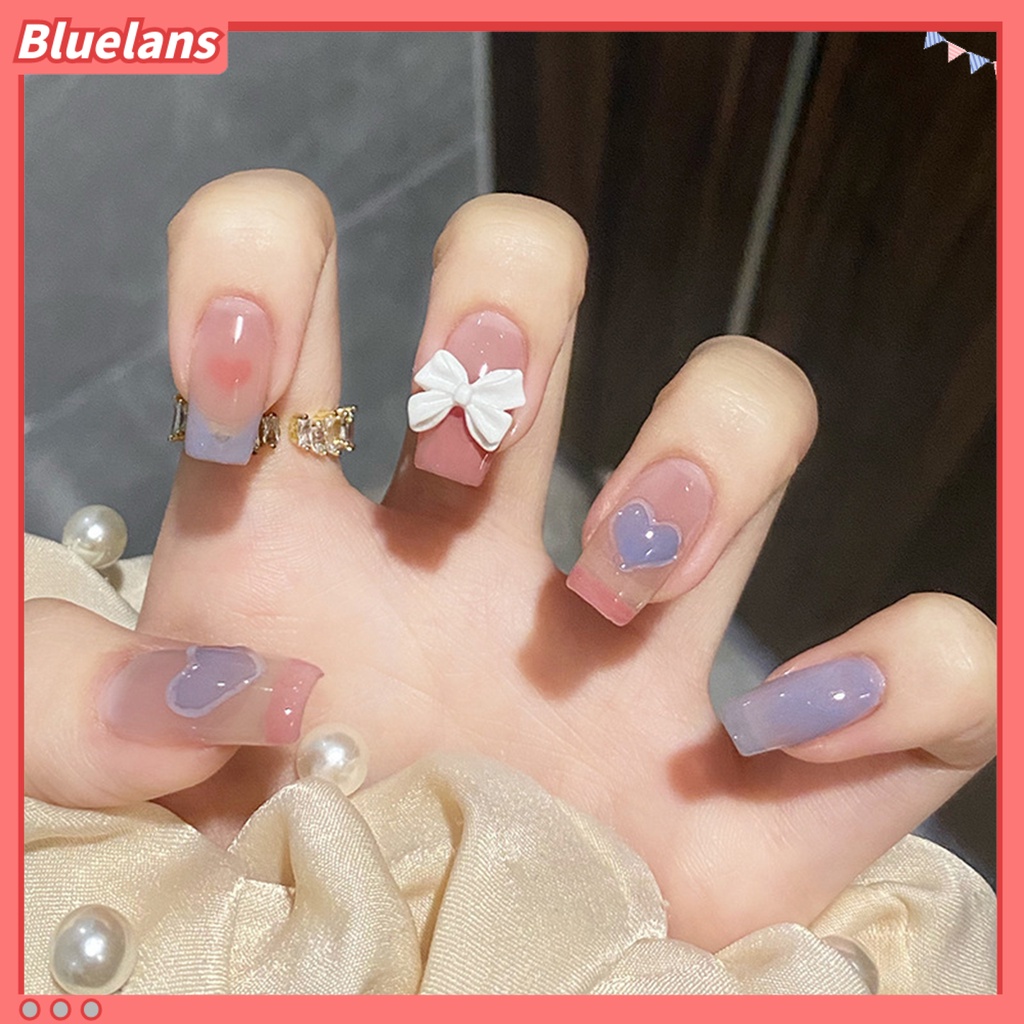 [BLM] 1set Kuku Buatan Penutup Penuh Gloss Tinggi Tahan Luntur DIY Mempesona Efek Visual Removable Bow Heart Fake Nail Dengan Lem Kuku Salon Supply