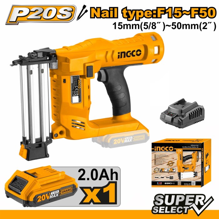 

Cordless Brad Nailer F15-50 INGCO CBNLI2016 20V Mesin Paku Tembak P20S