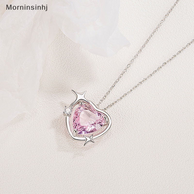 Mornin Gaya Korea Fashion Vintage Hollow Pink Kristal Jantung Liontin Warna Silver Kalung Rantai Leher Untuk Wanita Perhiasan Pernikahan id