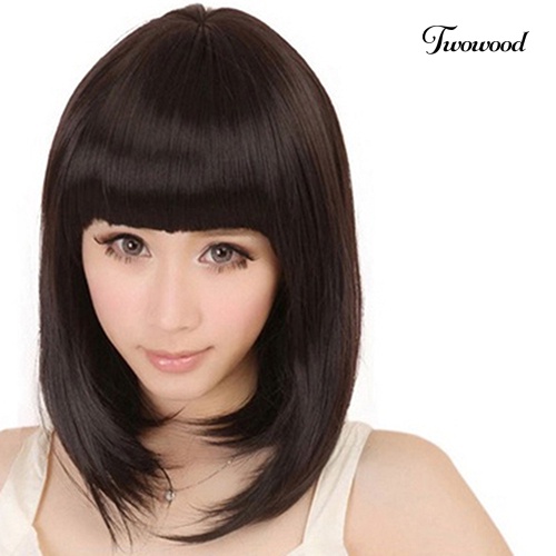 Twowood Wanita Full Poni Pendek Lurus BOBO Rambut Sintetis Cosplay Pesta Full Wig