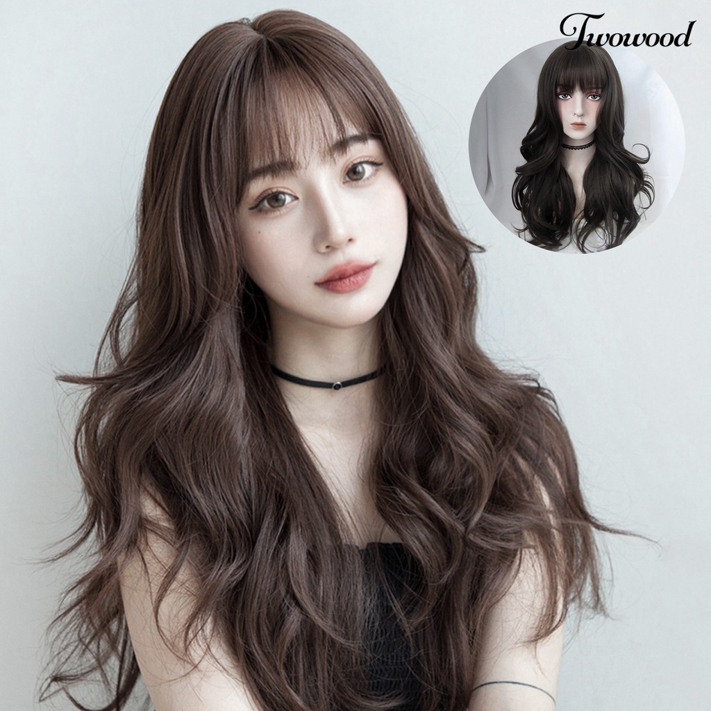 Twowood Wig Panjang Bergelombang Lace Net Halus Serat Suhu Tinggi Fashion Ombre Bernapas Wanita Wig Untuk Perempuan