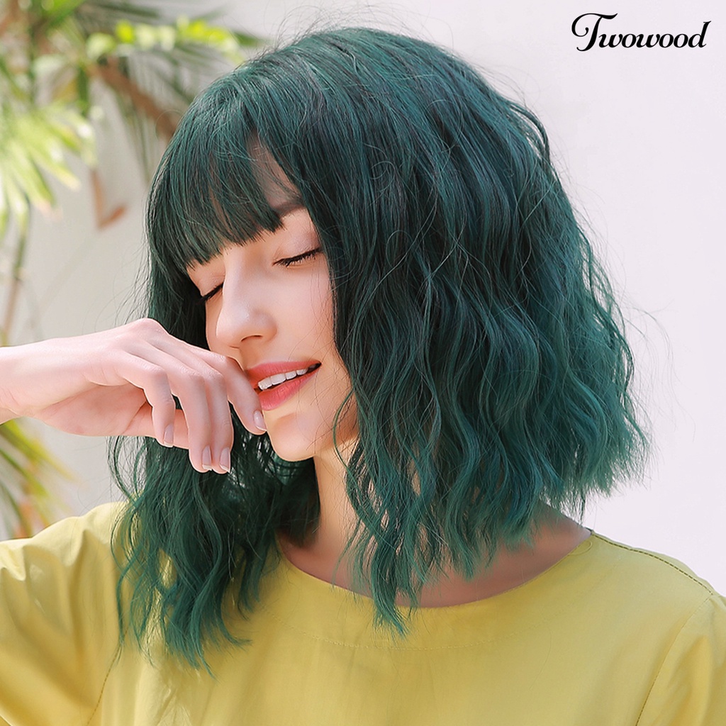 Twowood Air Bangs Wig Universal Halus Ringan Poni Udara Wig Rambut Pendek Keriting Hijau Untuk Kehidupan Sehari-Hari