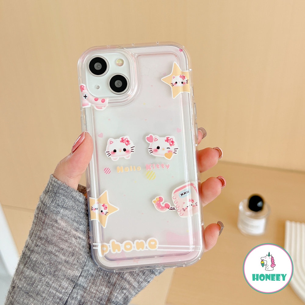 Casing Airbag Kitty Kartun Lucu Untuk iPhone 11 Pro Max12 13 14 Pro Max XR XS 7 8plus Bening Motif Bunga Bintang Penutup Belakang