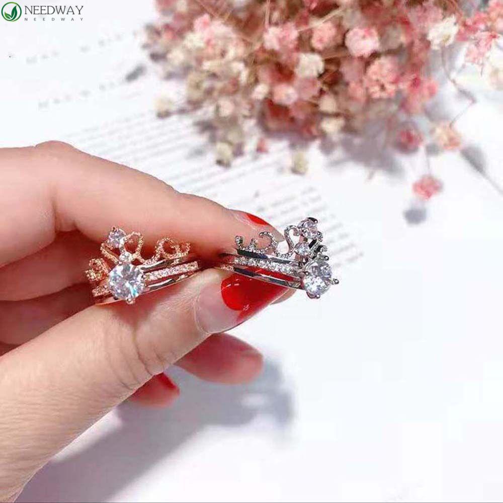 Needway Pembukaan Cincin Pernikahan Adjustable Wanita Mahkota 2in1 Zirkon Fashion