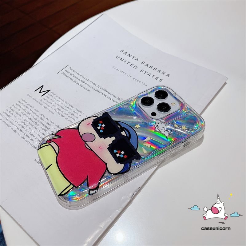 Memakai Kacamata Hitam Crayon Shin-Chan Kartun Hello Kitty Case Kompatibel Untuk IPhone 7Plus 11 13 14 12 Pro MAX 8 6 6S Plus X XR XS MAX SE 2020kartu Kreatif 3D Stereo Corrugation Case