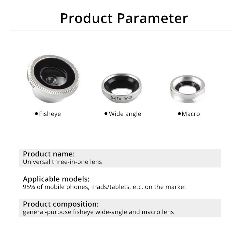 3in1 Lensa Kamera HP Fisheye / Wide Angle / Macro / Zoom Dengan Klip on Untuk Smartphone
